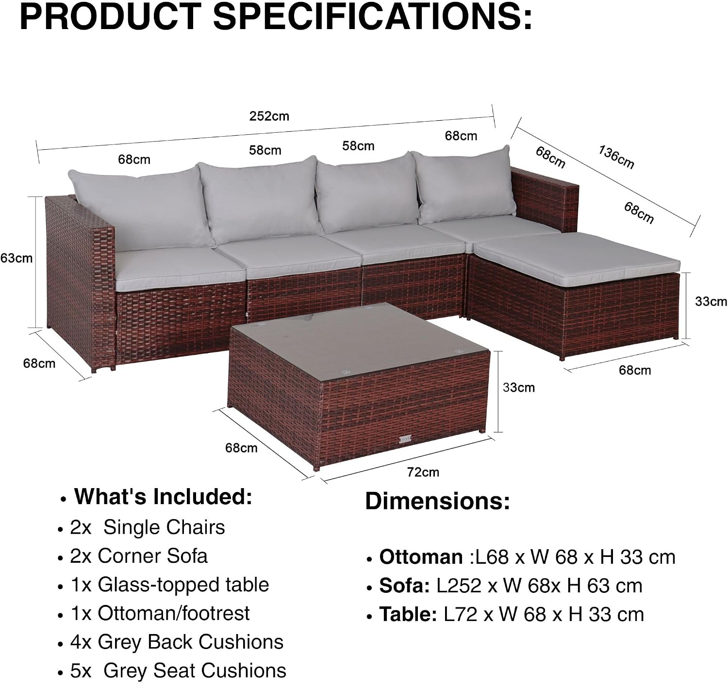 Thumbnail 1 de EVRE Miami Rattan Garden Furniture: 5‑Seat Corner Sofa Set with Glass Table and Cushions