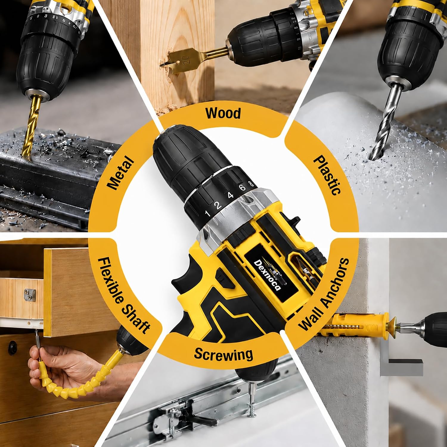 Detalle de Dexnoca 21V Cordless Drill Kit with 92 Pieces: Power, Precision and Convenience