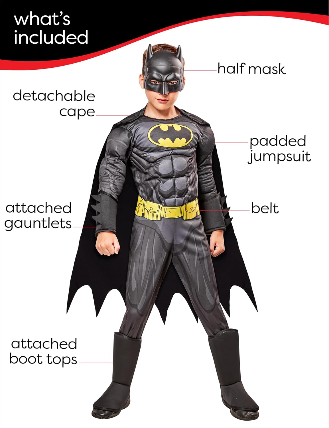 Detalle de Rubies DC Comics Batman Kids Costume with Padded Jumpsuit, Cape and Mask