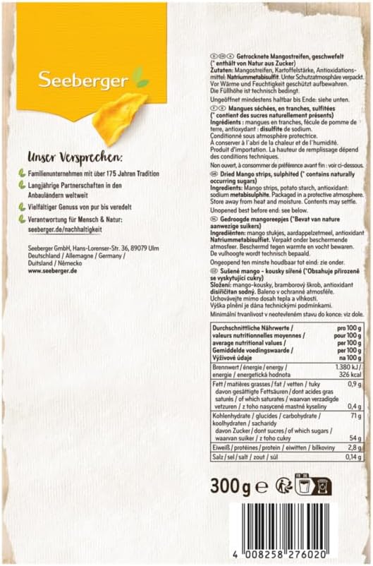 Detalle 2 de Mangues séchées Seeberger – Lanières de mangue (300 g), sans sucre ajouté