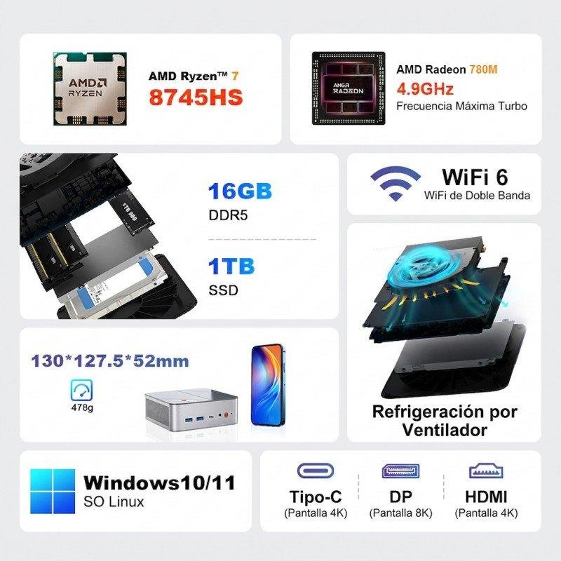 Thumbnail 3 de Mini PC Ninkear M8: Ryzen 7 8745HS, 16 GB/1 TB SSD, Radeon 780M y Windows 11