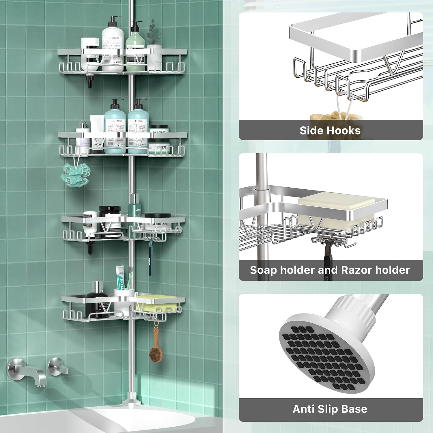 Detalle de Cooeco Corner Shower Caddy with 4 Baskets (height adjustable telescopic pole, no-drill, rustproof)