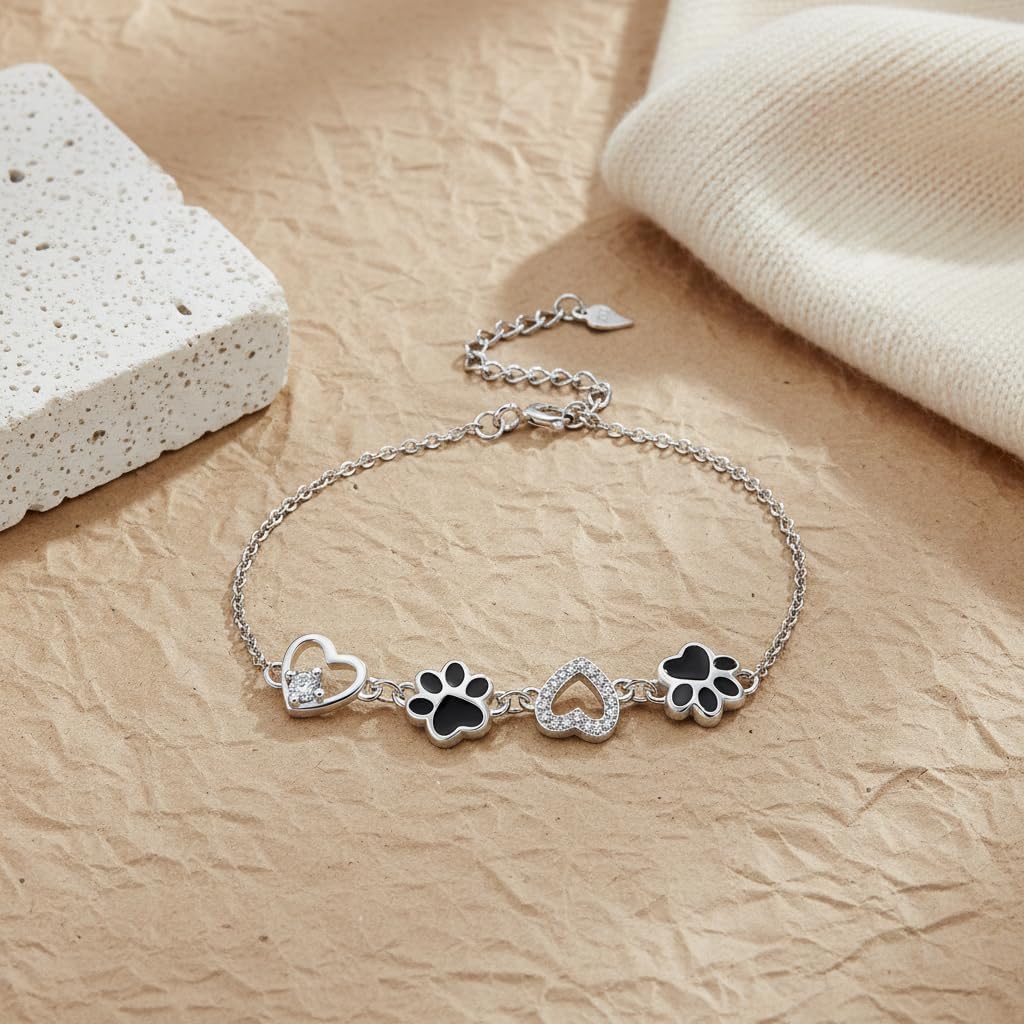 Detalle de Micory Bracelet Femme en Argent Sterling 925 Ajustable – Cœur et Empreinte d’Animaux