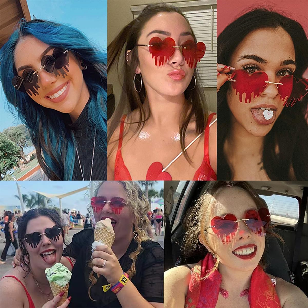 Detalle de Musivon Rave Herz Sonnenbrille im 2er-Set – Festivalbrille mit Herz-Design