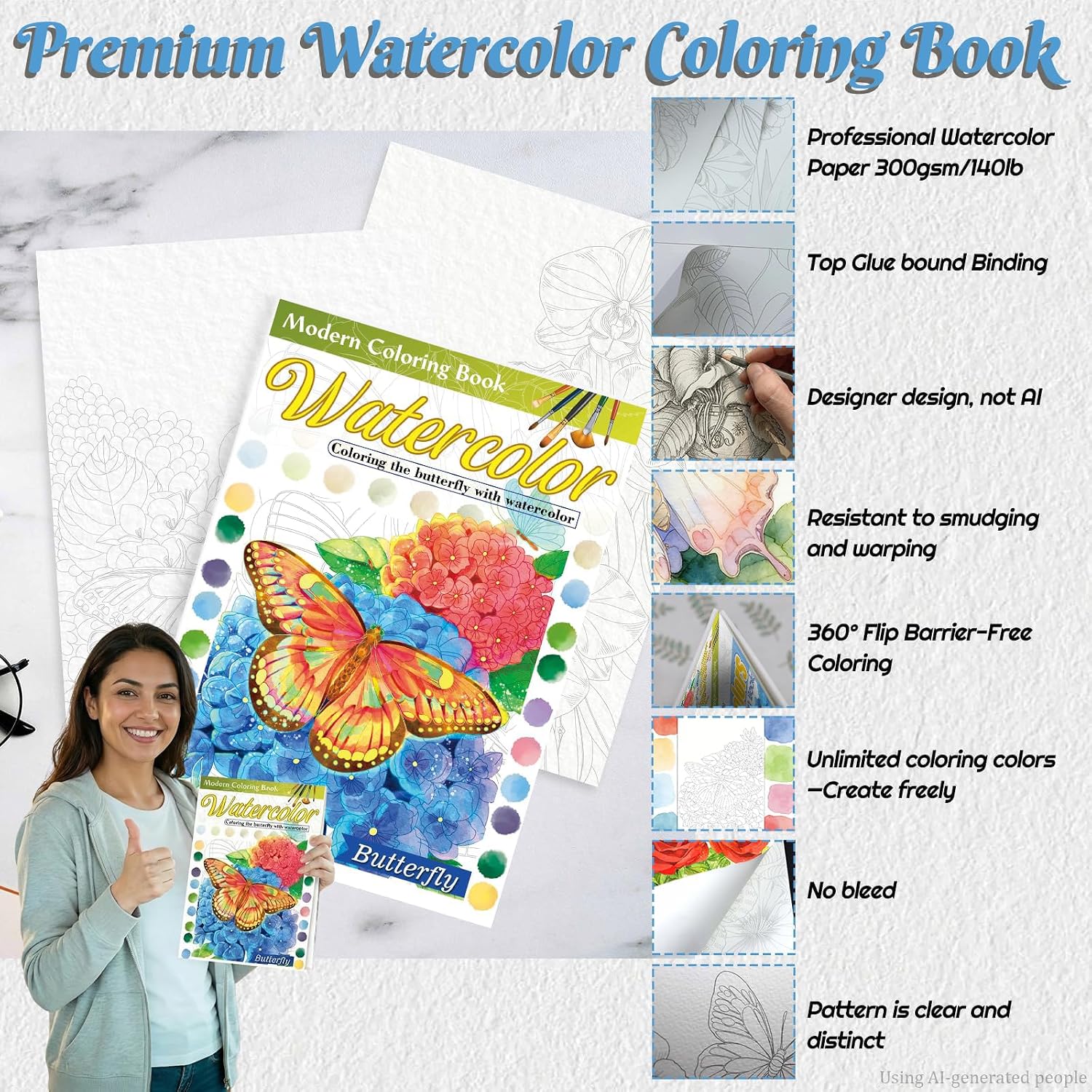 Detalle 2 de apolyone PKNB2025-1 Butterfly Watercolor Coloring Book, 100% Cotton 300gsm A4