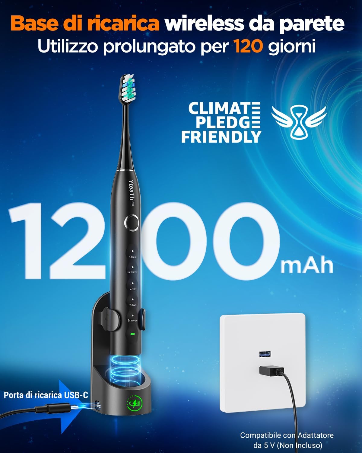 Detalle de Spazzolino Elettrico Sonico Adulti con 8 Testine – 5 Modalità, Custodia da Viaggio, Autonomia fino a 120 giorni