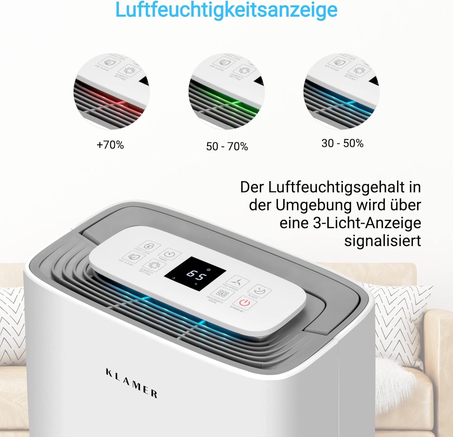 Thumbnail 4 de KLAMER Luftentfeuchter elektrisch 25 L/24h – 5,5-L-Tank, leise, Smart Sensor, Timer & Wäschemodus