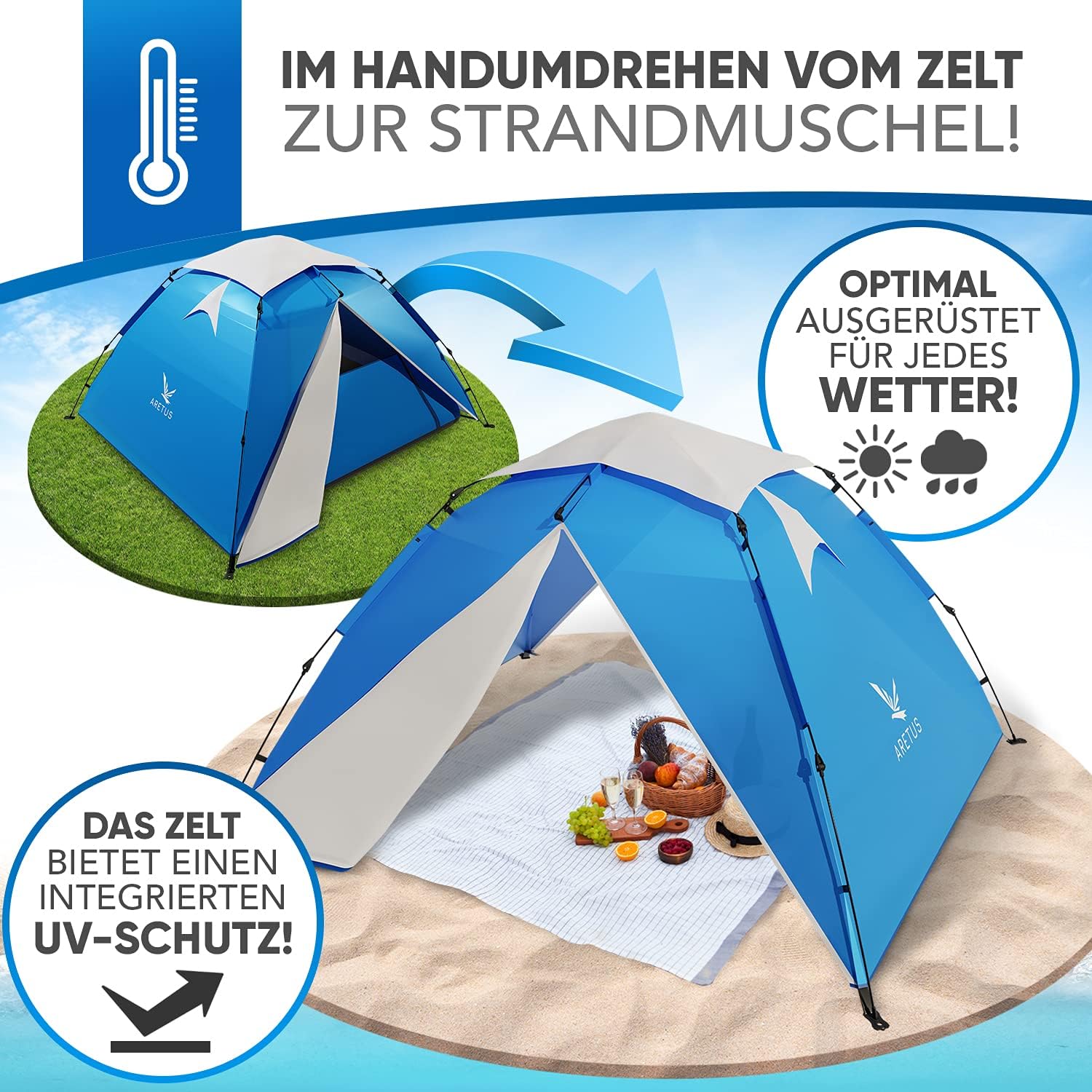 Detalle de Aretus Wurfzelt 2–4 Personen: extra wasserdicht, stabil und blitzschneller Aufbau