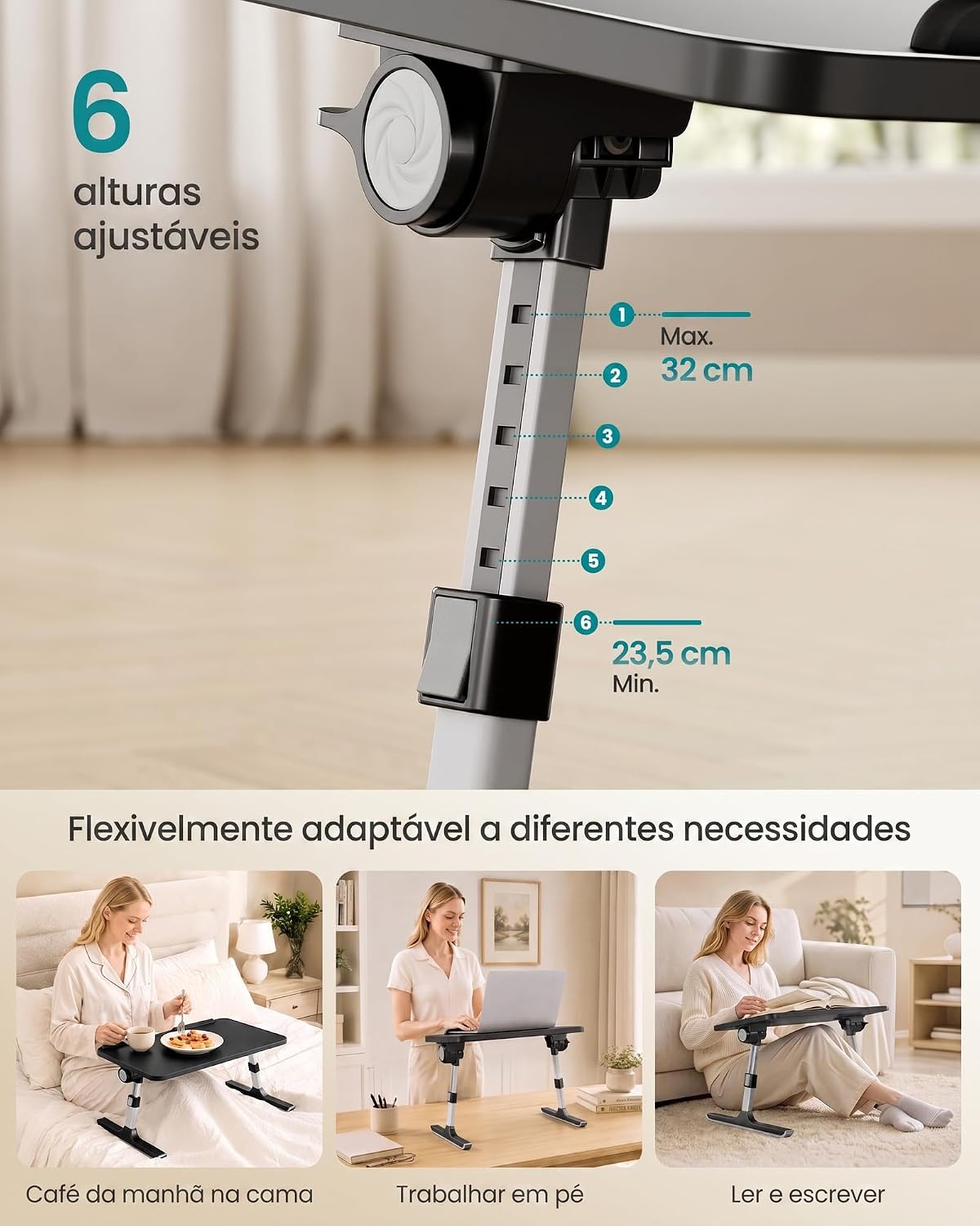 Detalle de SONGMICS ULLD117B101 Adjustable Bed Desk, 6 Heights, 120° Tilt