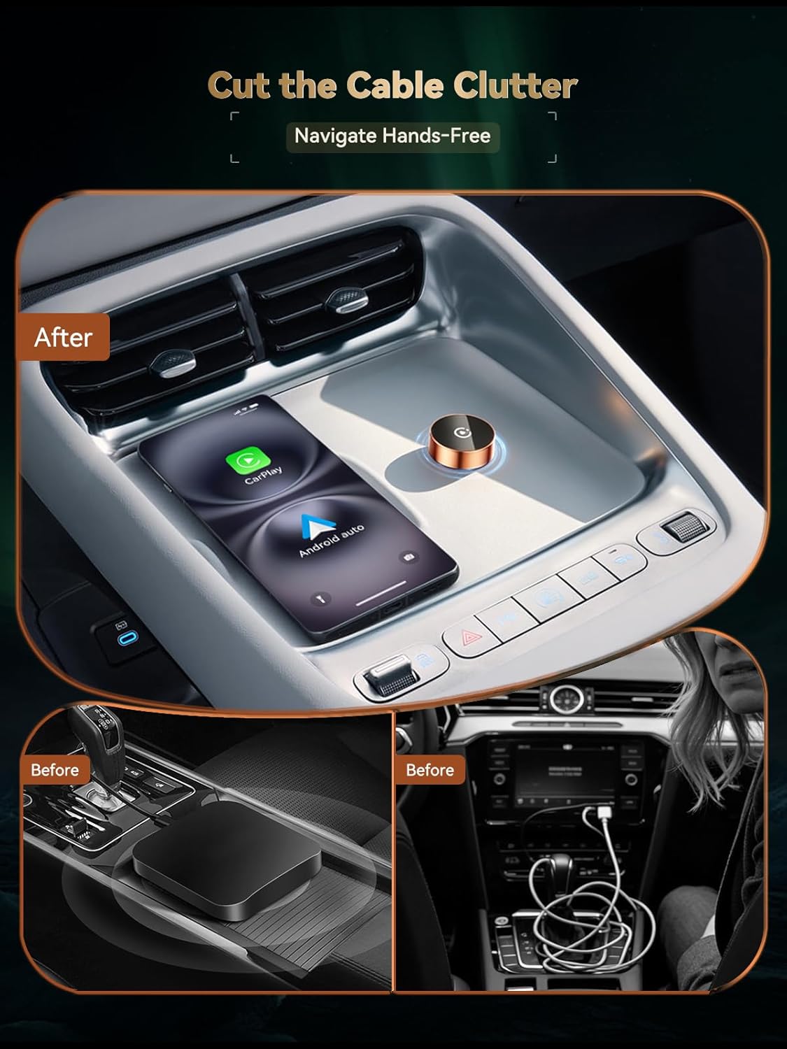 Detalle de Spedal 2026 Adaptateur sans Fil 2-en-1 CarPlay & Android Auto – WiFi 6, faible latence, USB-C/ USB-A (Rond Orange)
