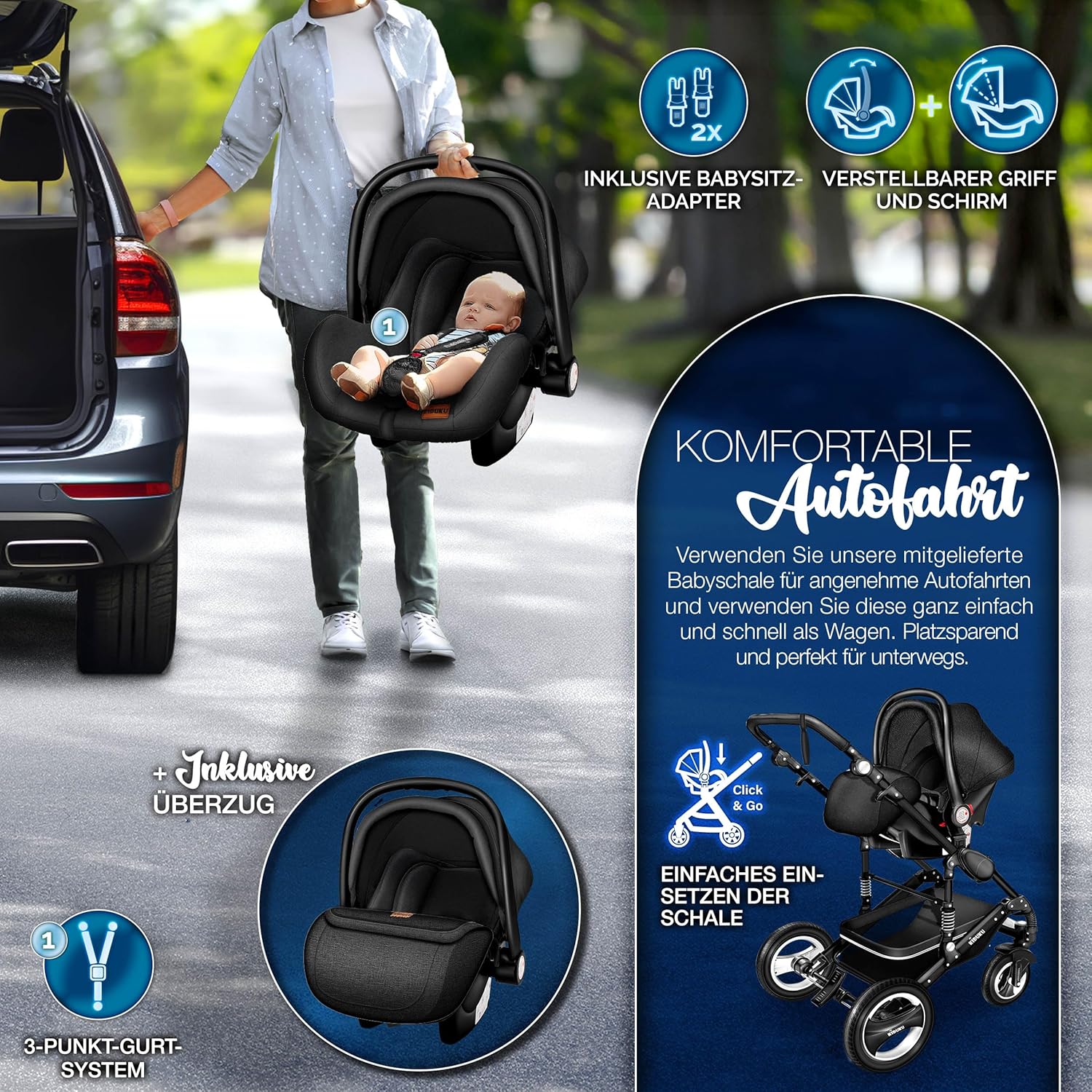 Thumbnail 5 de KIDUKU 3 in 1 Kinderwagen XXL Komplettset – Vollständiges Set mit Babywanne, Buggy, Sportsitz & Auto-Babyschale