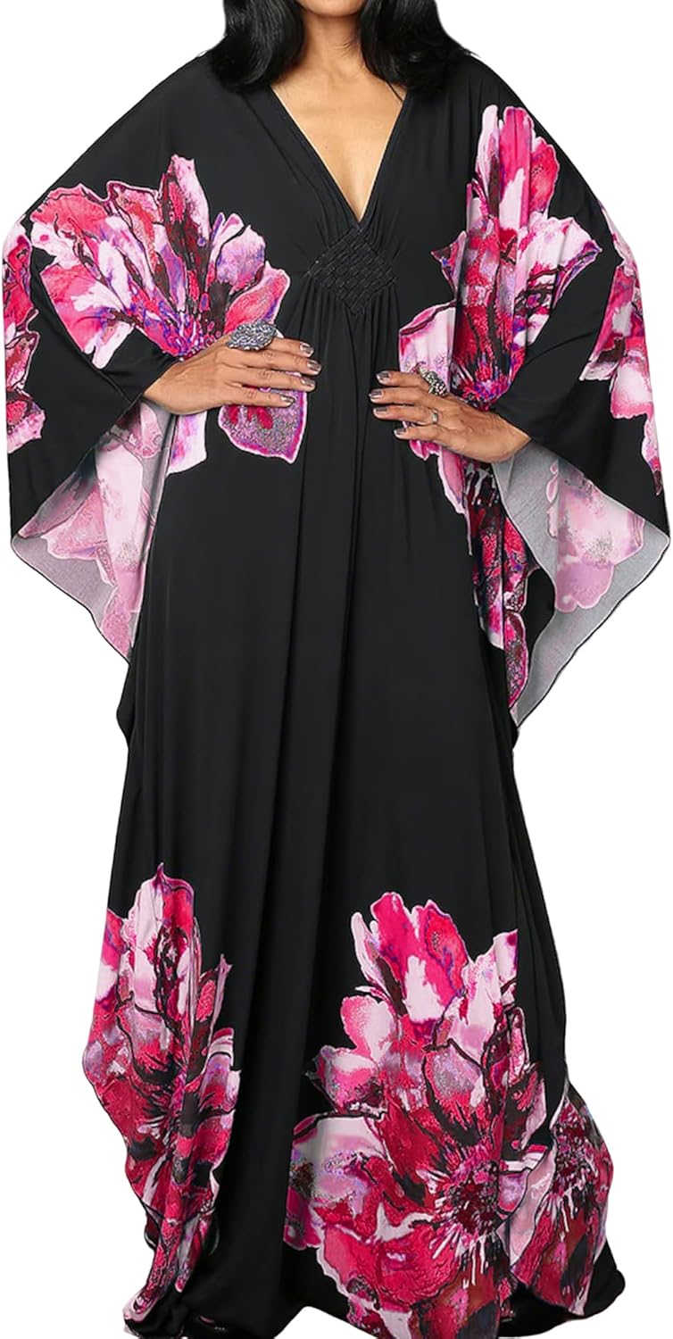 Thumbnail 5 de Plus size ethnic print kaftan beach dress cover up (V-neck, batwing sleeves, side slits)