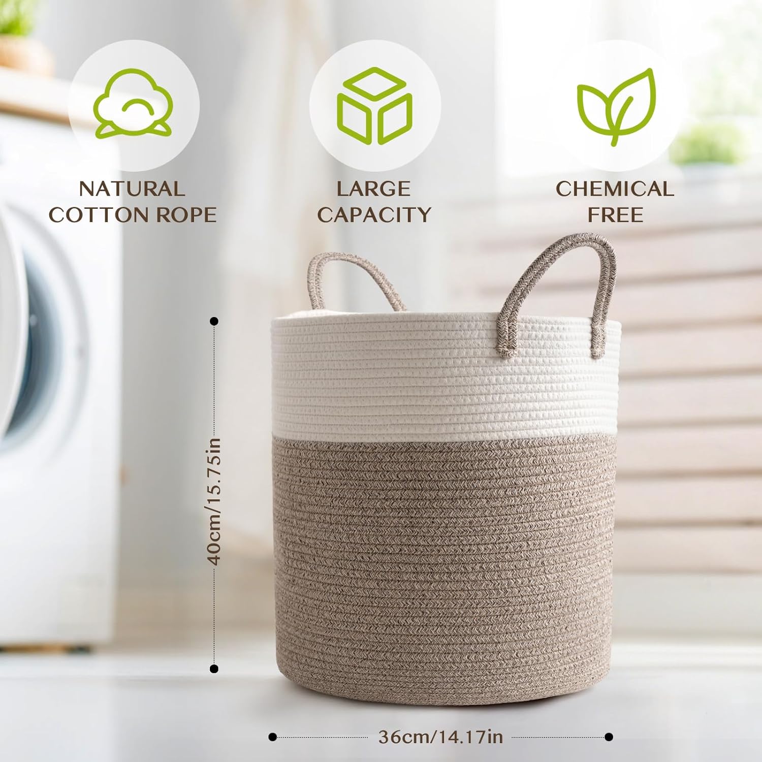Detalle de Purecas großer Wäschekorb aus Baumwollseil mit Henkel (36x40 cm) – braun, tragbarer Aufbewahrungskorb für Bad, Kinderzimmer & Wohnzimmer