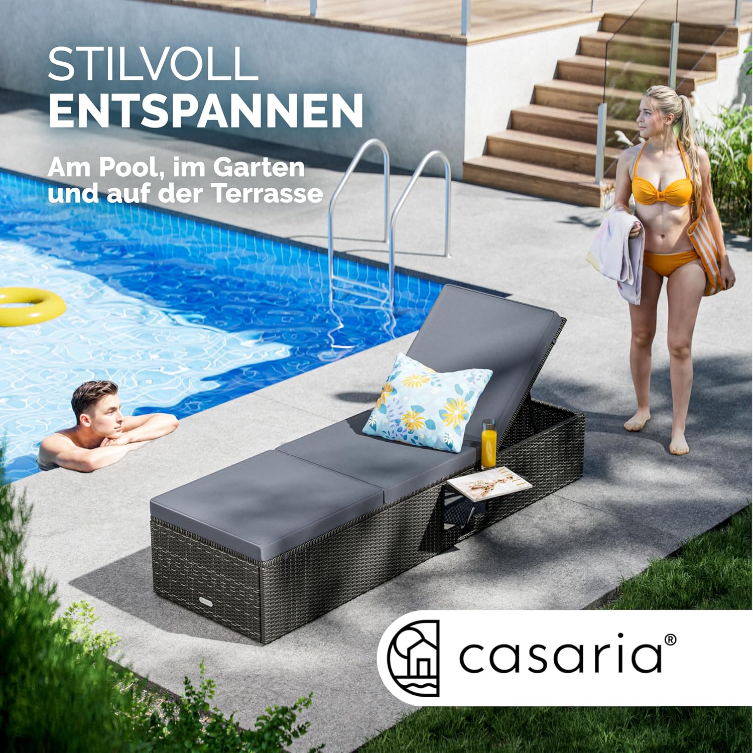 Detalle de Casaria Sonnenliege mit Klapptisch – 200x58 cm, 7 cm Auflagen, wetterfest, bis 160 kg