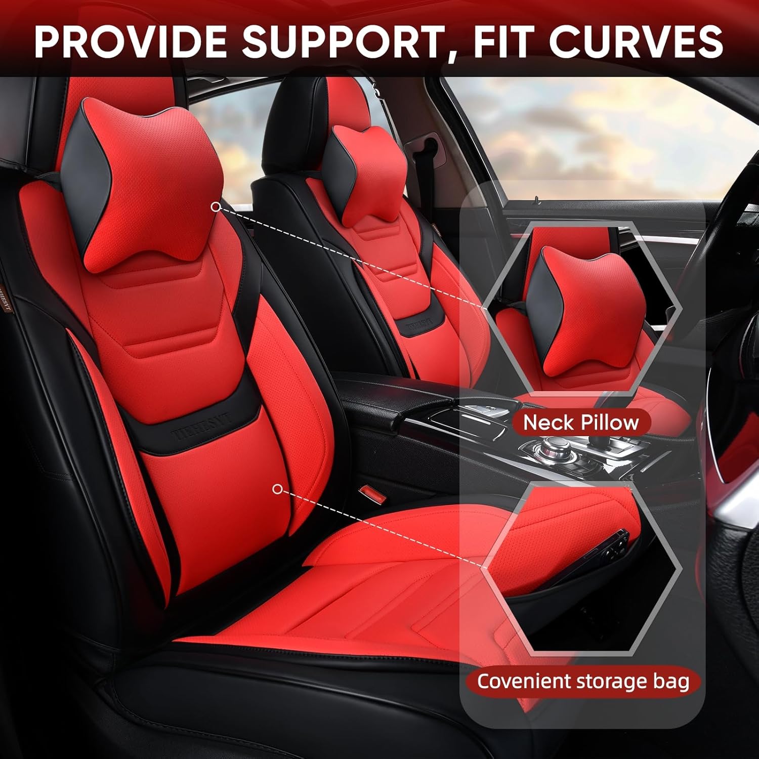 Thumbnail 1 de TIEHESYT Car Seat Covers Full Set (Black & Red) with Removable Headrest Support