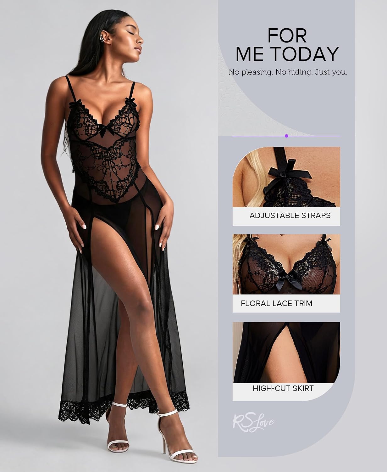 Detalle de RSLOVE babydoll-nachthemd van kant en mesh met G-string