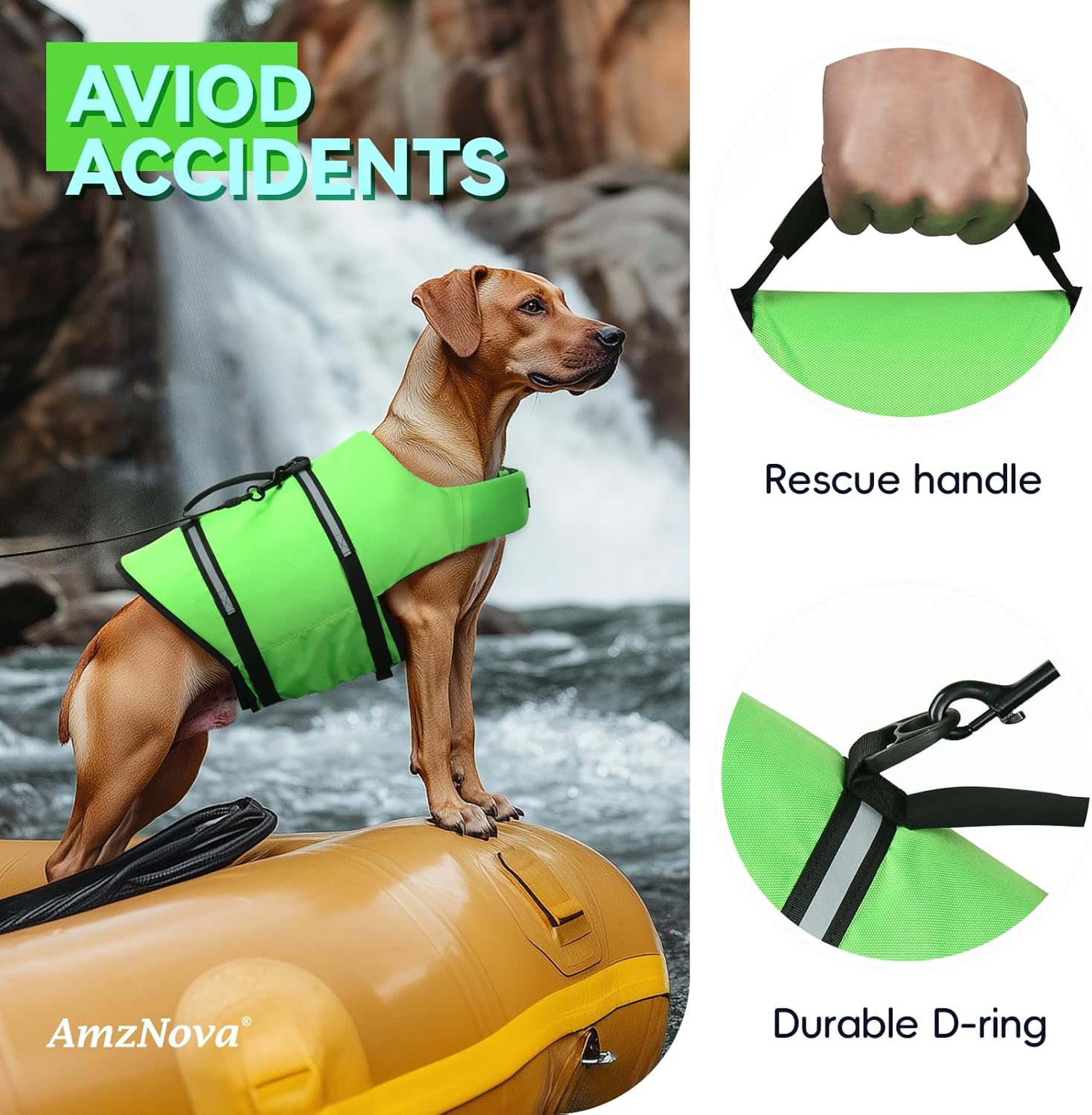 Thumbnail 2 de AMZNOVA Rip Stop Hundeschwimmweste (L) in Hellgrün – Rettungsweste für Bootfahren & Wassersport