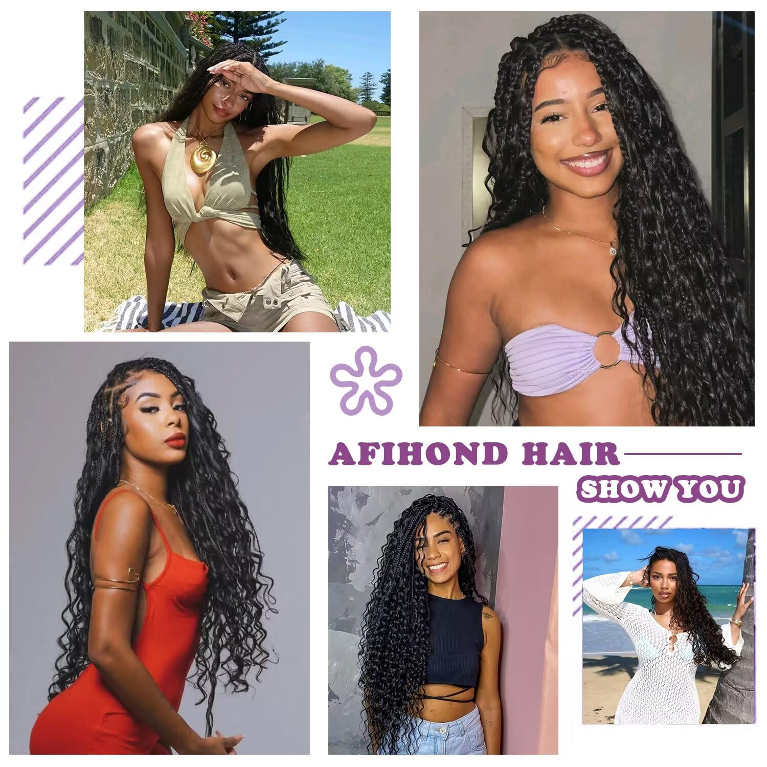 Detalle 2 de Afihond Human Braiding Hair for Boho Braids (Deep Water Wave), 120g Bulk Human Hair, No Weft, 3 Bundles, 18 Inch