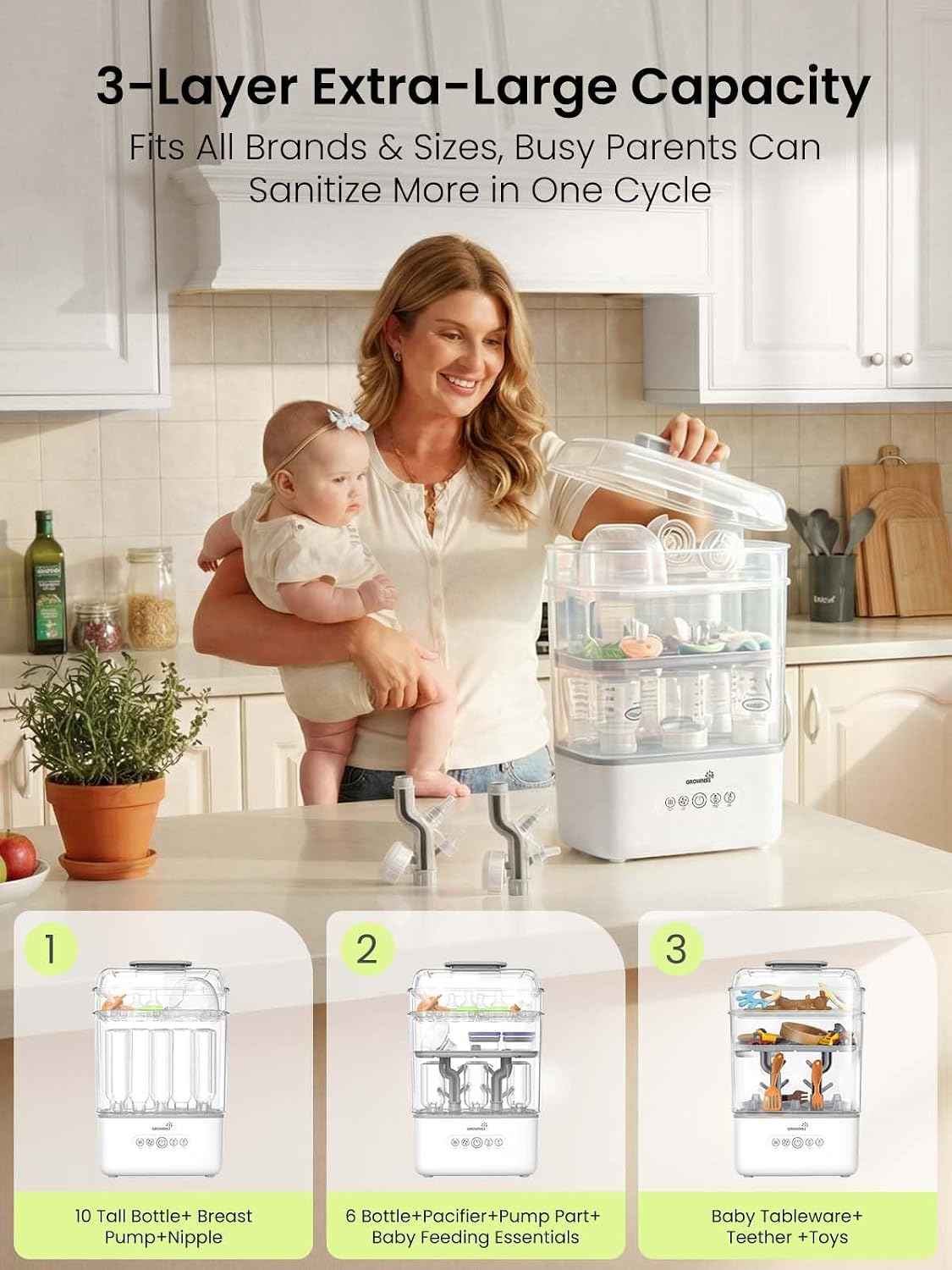 Detalle de GROWNSY 3-Tier Baby Bottle Sterilizer and Dryer with Travel Kit