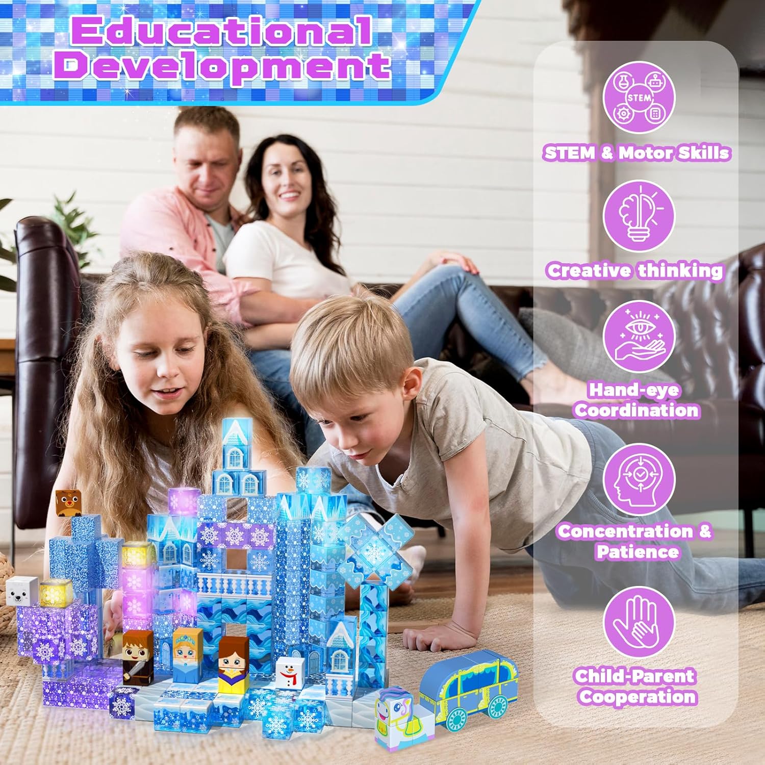 Thumbnail 6 de 200 PCS Magnetic Blocks with Light Up & Transparent Cubes for Blue Snow Princess Castle