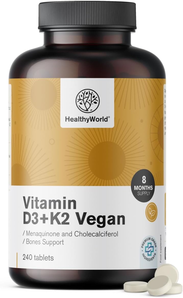 Detalle de HealthyWorld Vitamine D3+K2, 240 vegan tabletten met D3 en K2