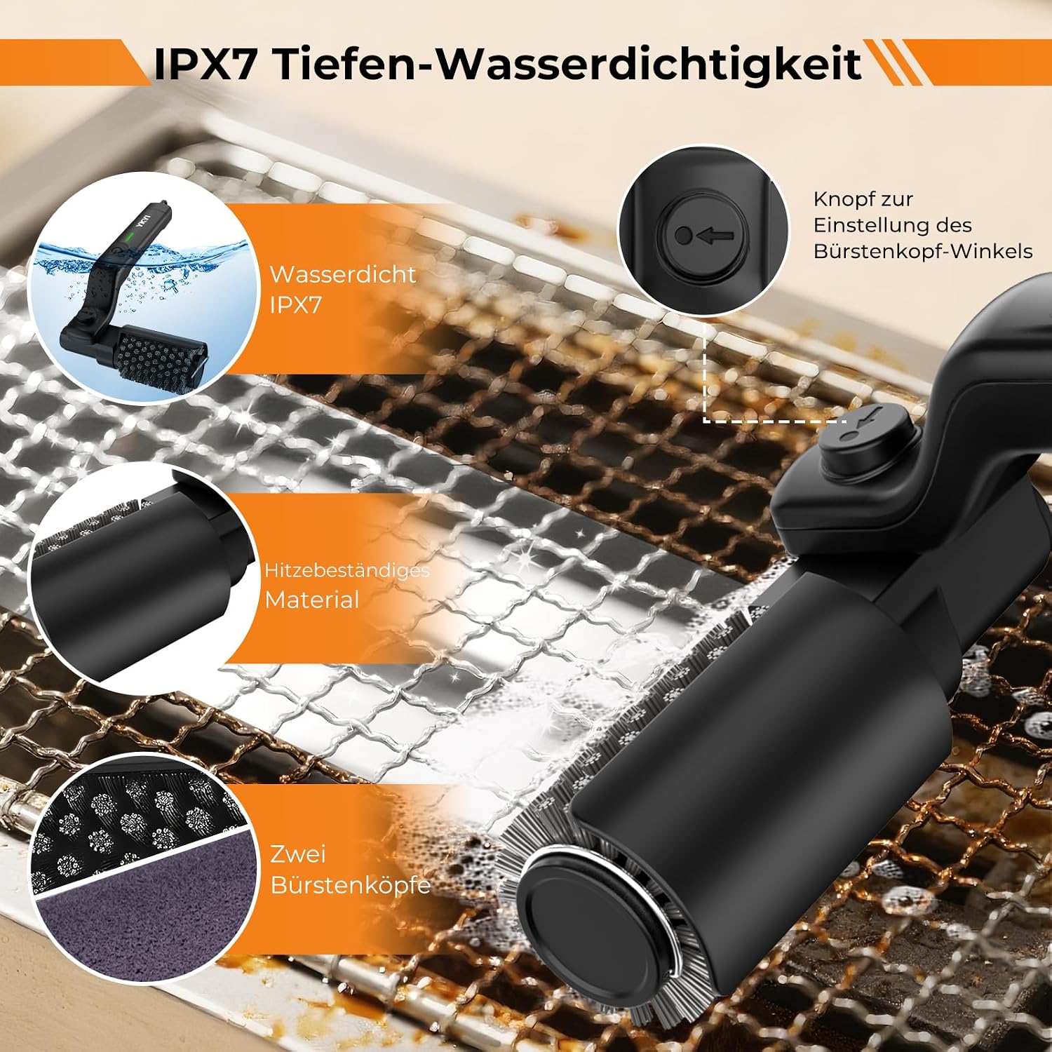 Detalle 2 de YKYI Elektrische Grillbürste – Kabelloser Grillreiniger mit 180° Winkel, USB-C Aufladung, Edelstahl-Bürstenkopf