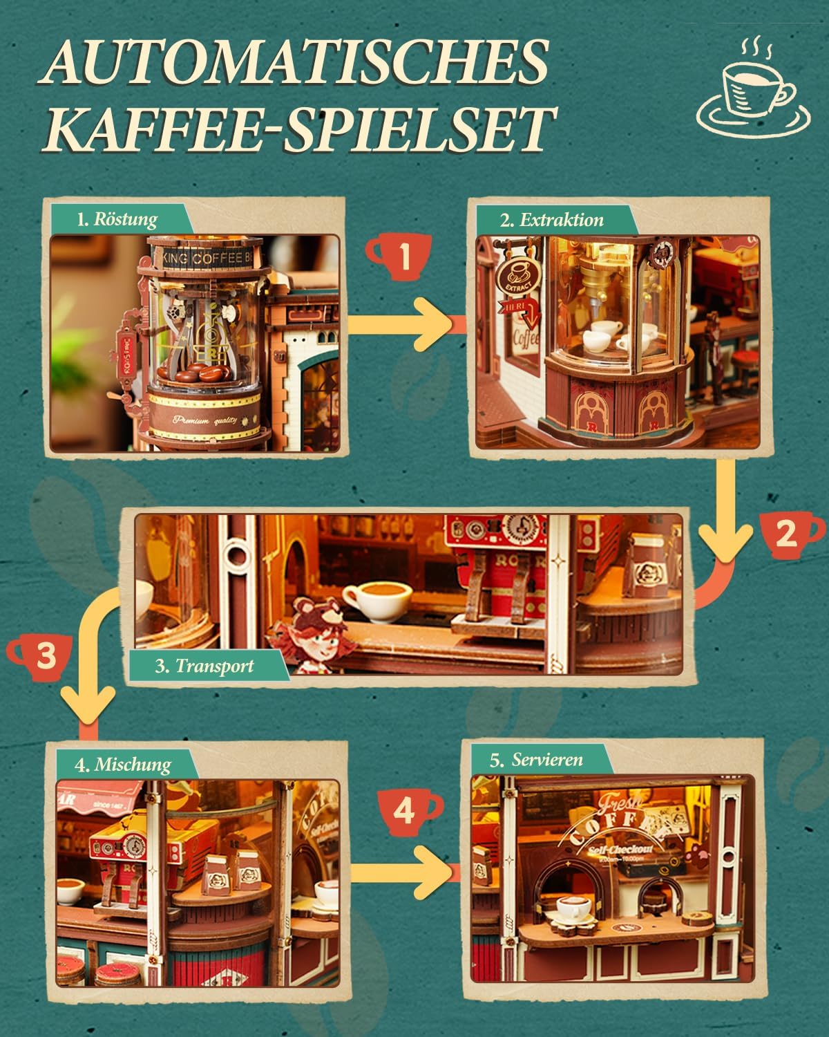 Detalle de ROKR 3D Holzpuzzle Erwachsene Dream Coffee Factory – Handwerkliches Diorama zum Selberbauen