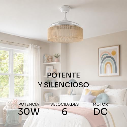 Detalle de Mellerware Brizy Bright: ventilador de techo con luz y lámpara bronce rattan sand, 3 aspas, 106 cm