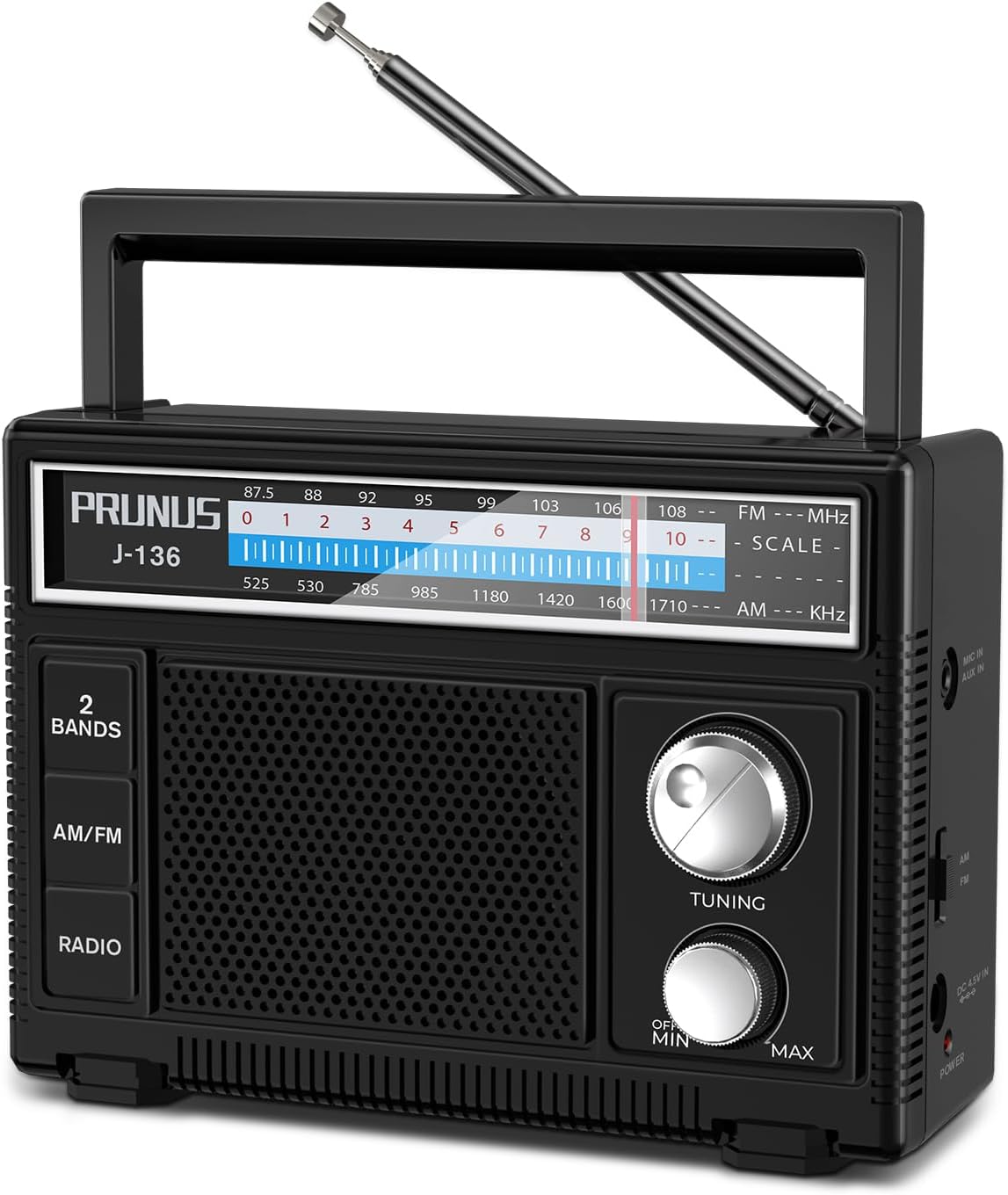 Detalle de PRUNUS J-136 Portable AM/FM Radio with AC or Battery Power, AUX and Mic Input
