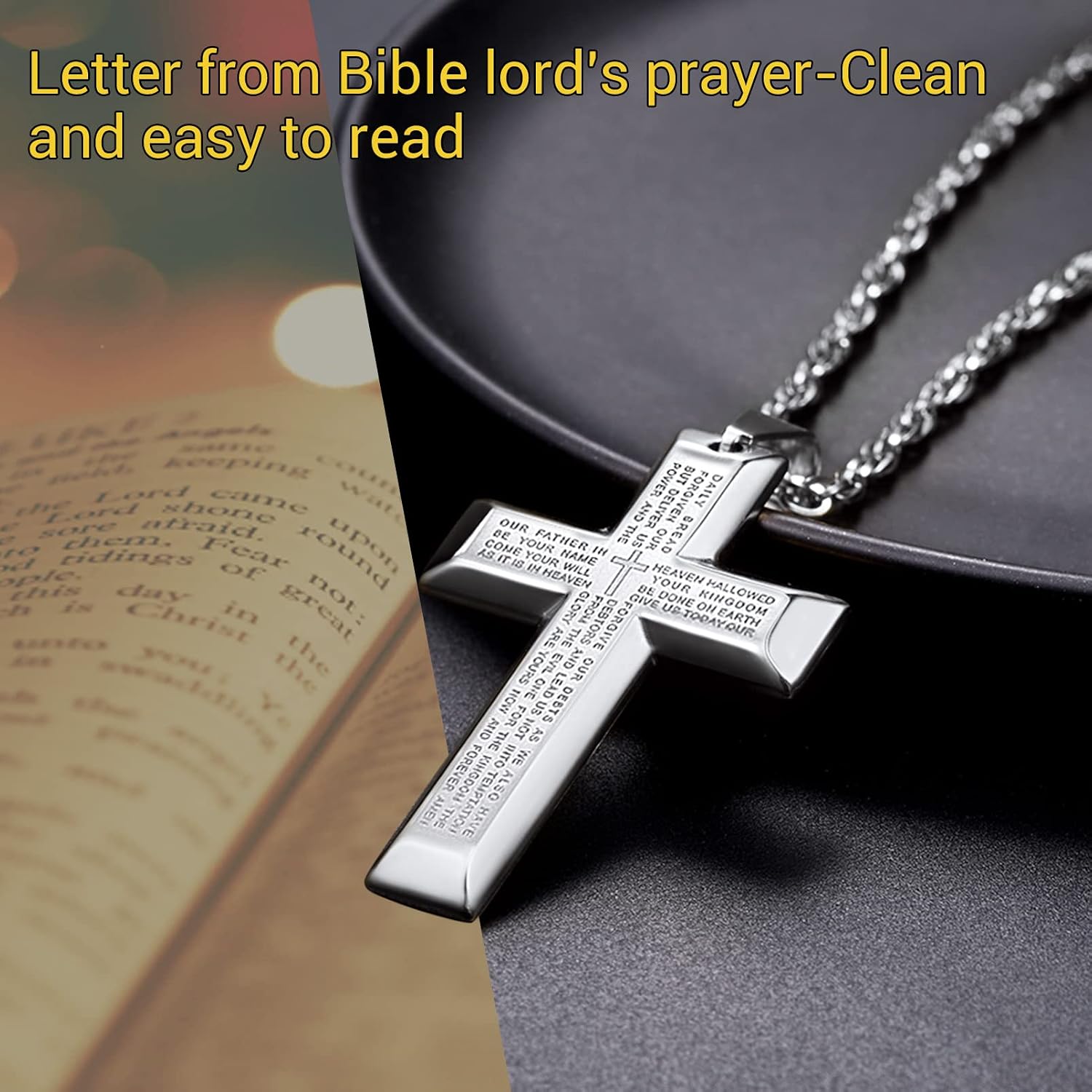 Detalle de PROSTEEL collana da uomo con crocifisso grande, verso Bibbia e catenina regolabile