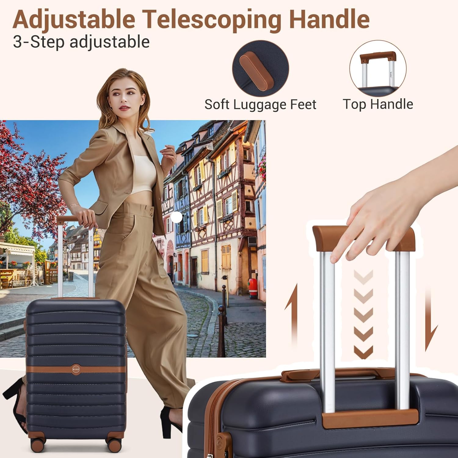 Detalle de Kono Cabin Suitcase 55x40x20 Lightweight ABS+PC Hard Shell Carry-On (Navy/Brown)