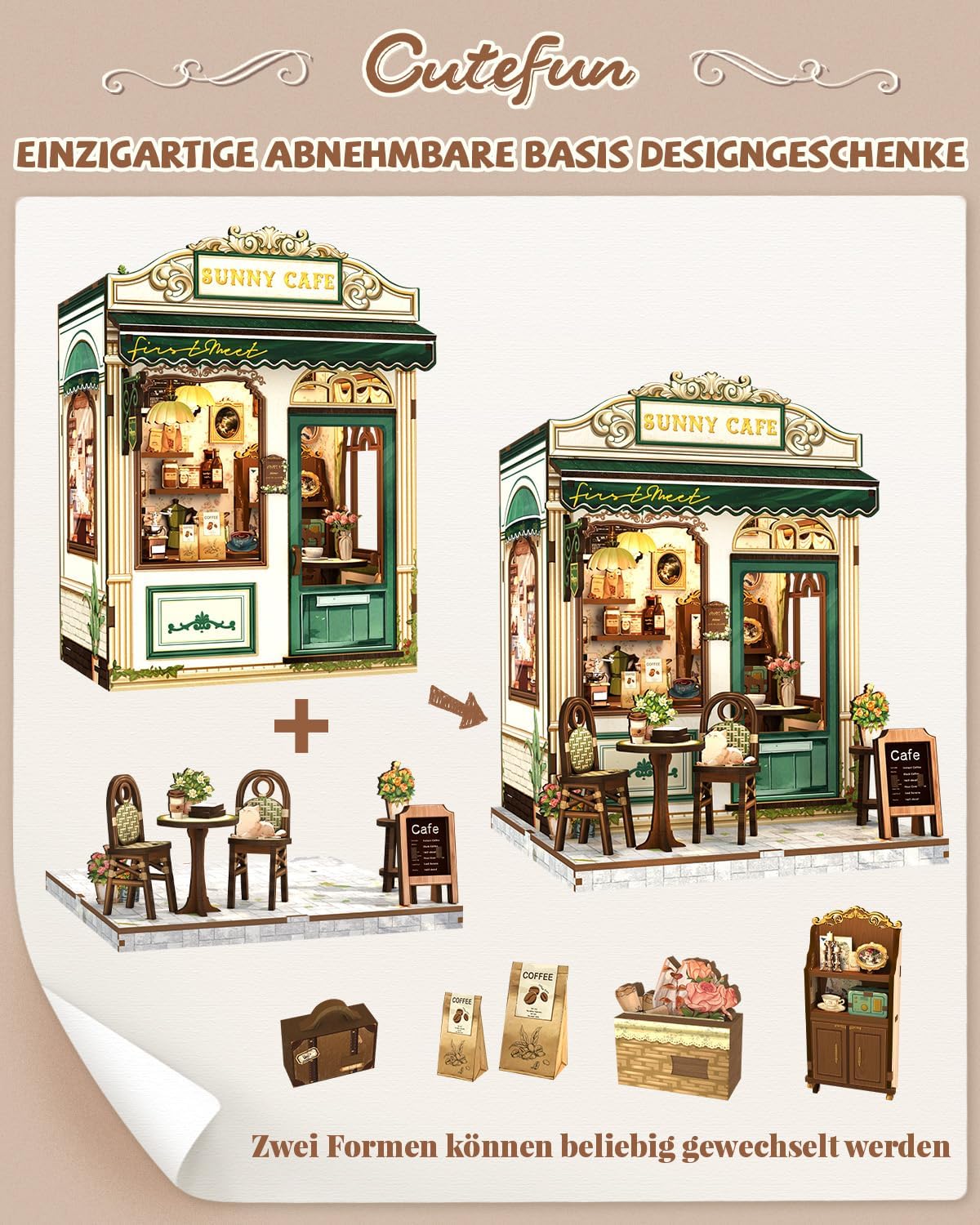 Thumbnail 6 de Cutefun Book Nook Kit Sunny Cafe — kit DIY de maison miniature en bois à monter, puzzle 3D avec LED