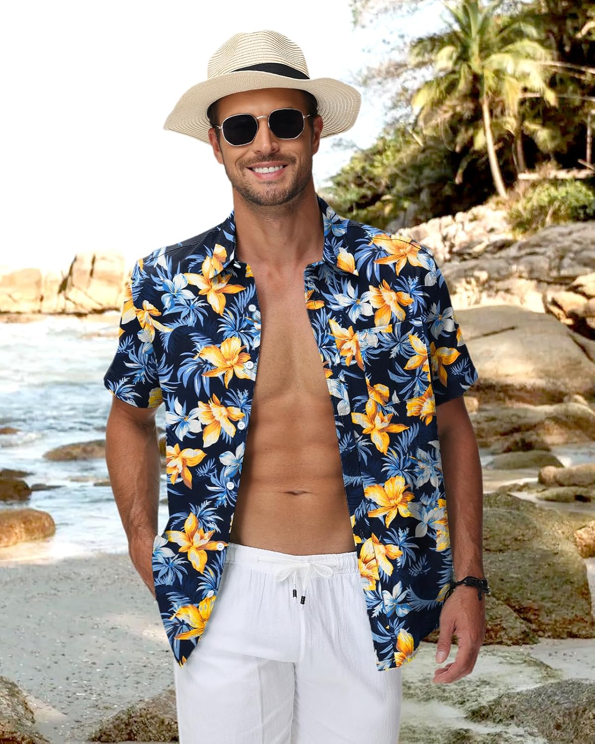 Thumbnail 3 de HMIYA Hawaii Hemd für Herren – 100% Baumwolle, Unisex, Kurzarm, Brusttasche, Knopfverschluss
