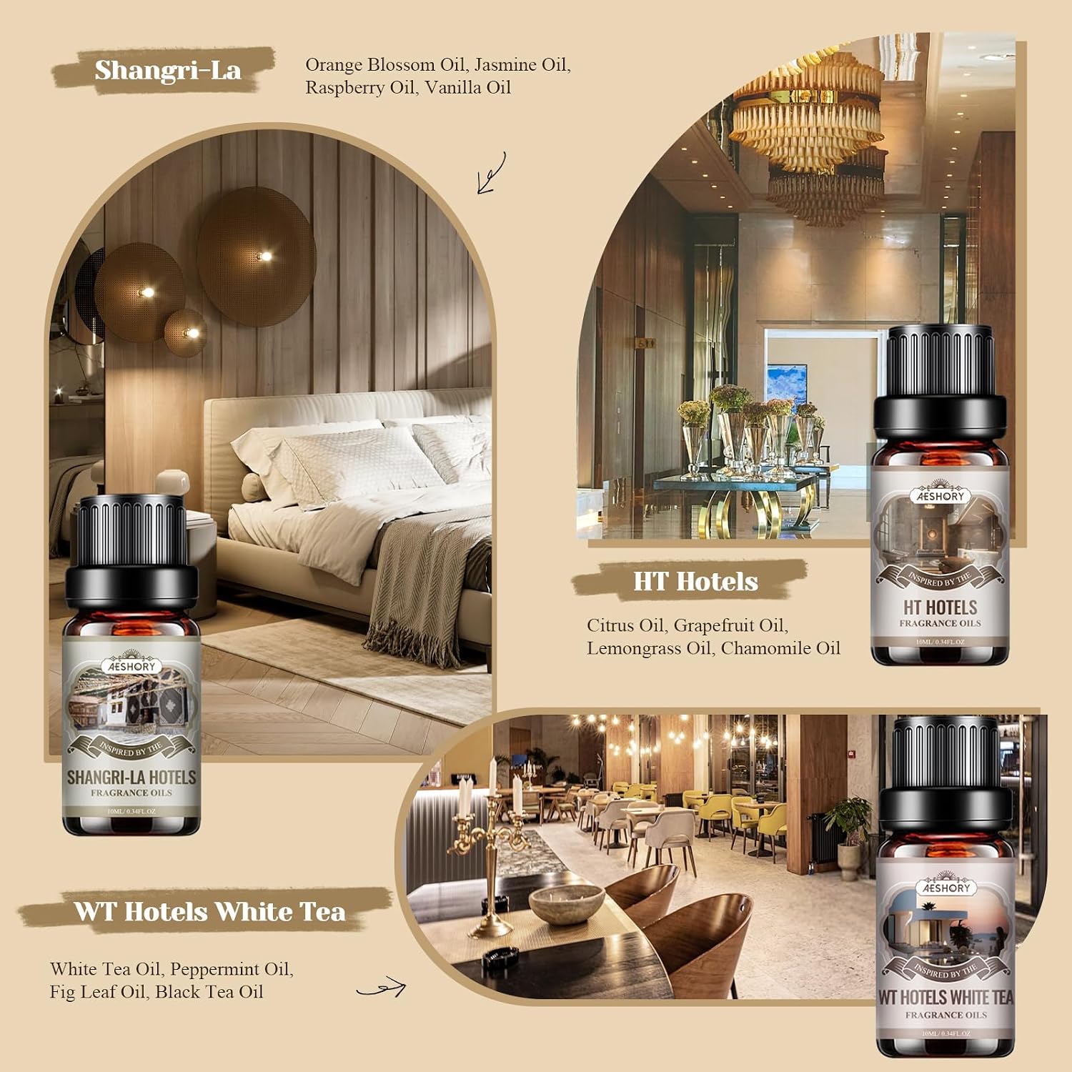 Detalle de AESHORY 6 x 10ml Hotel Essential Oils Set for Diffusers, Humidifiers & DIY (Fancy hotel-inspired scents)