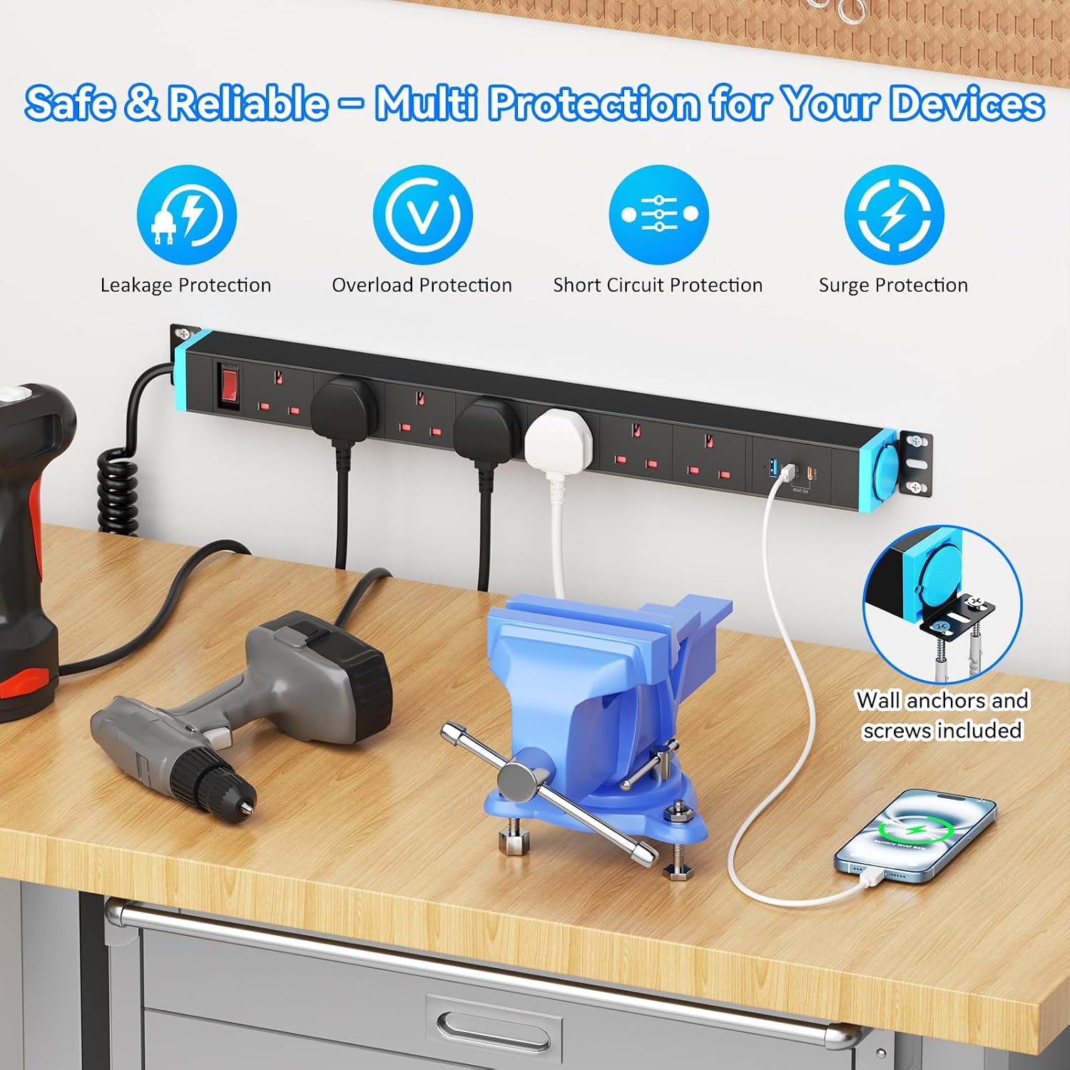 Detalle de Sewingvr 7-Way Extension Lead with Surge Protection & USB (Wall Mountable)