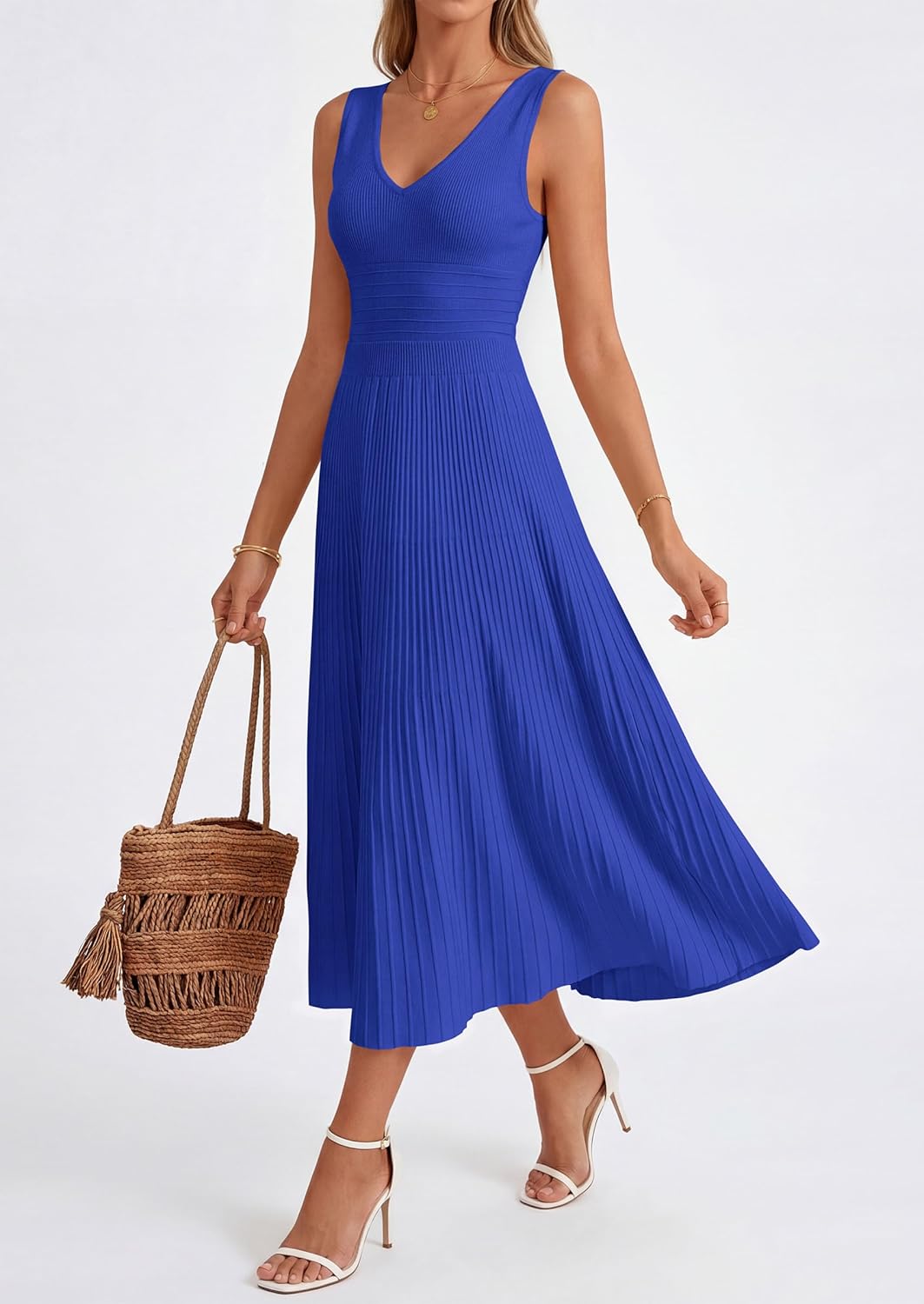Thumbnail 4 de PRETTYGARDEN Summer Dresses for Women 2026: Pleated Midi V-Neck Sleeveless Dress