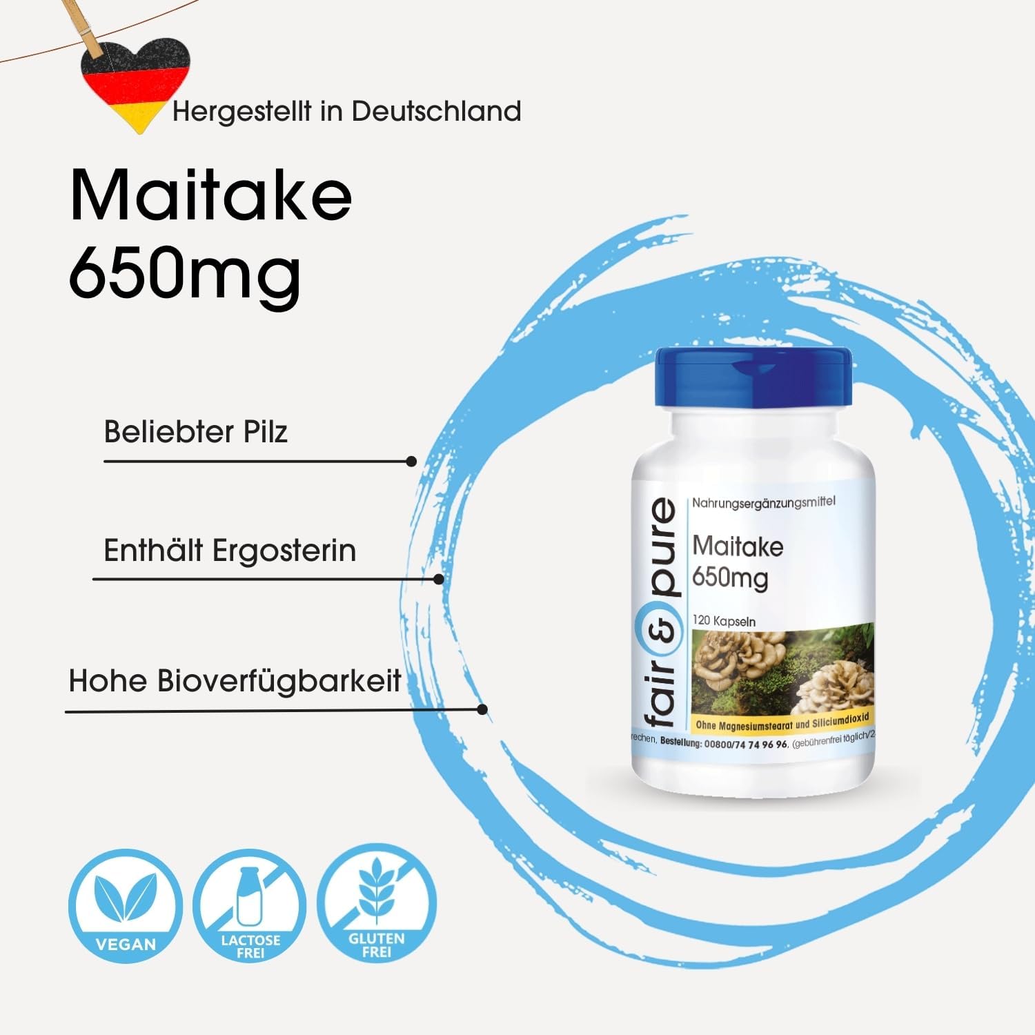 Detalle de Fair & Pure Maitake 650mg – 120 Kapseln, Grifola frondosa, vegan, in Deutschland hergestellt