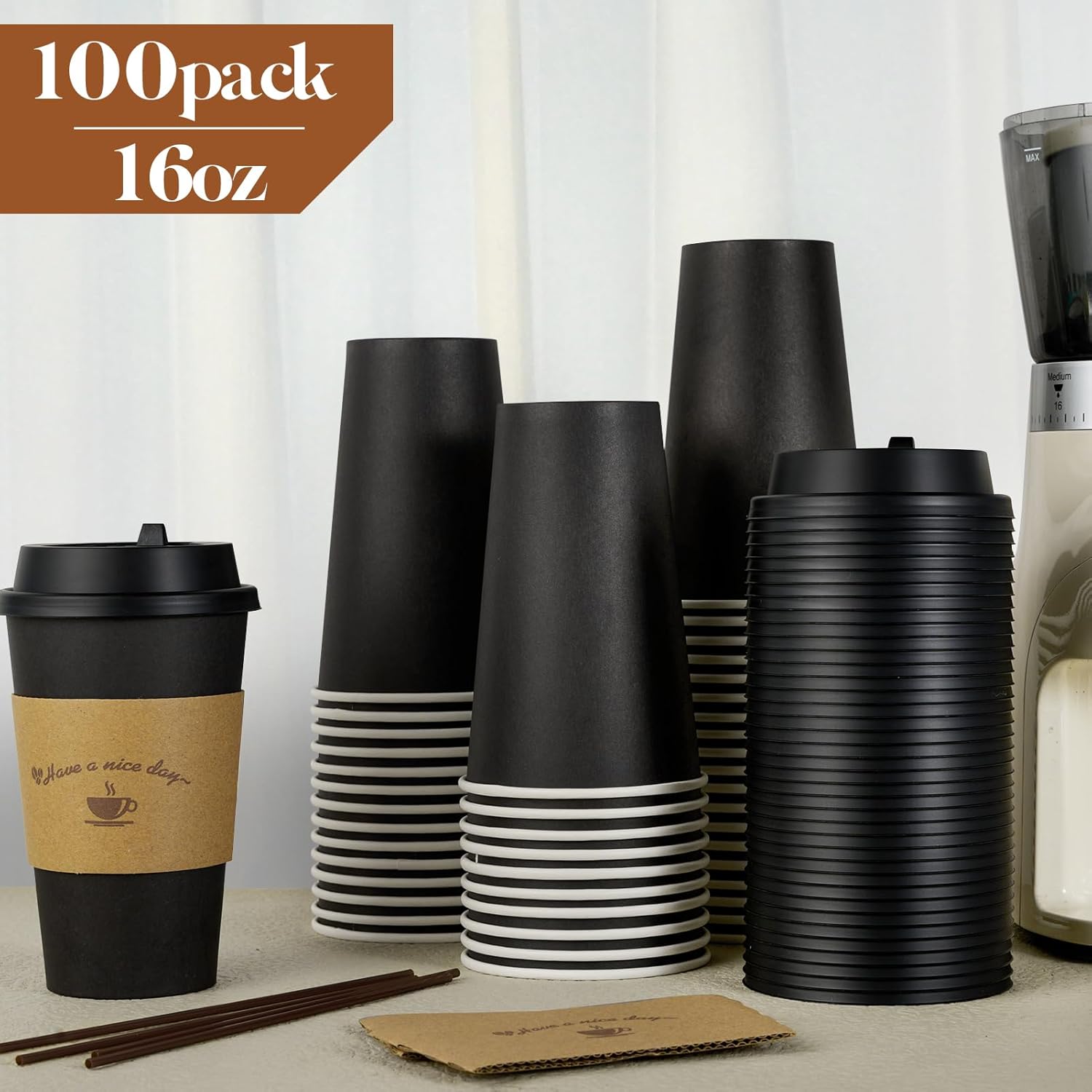 Thumbnail 2 de LITOPAK 100 Pack 16 oz Disposable Paper Coffee Cups with Lids (Black) — Sleeves and Stirring Sticks