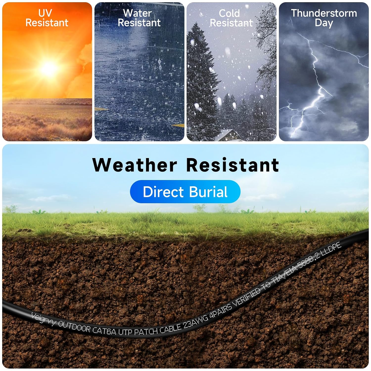Thumbnail 1 de Veigrvy Cat 6A Outdoor Ethernet Cable 100m — Direct Burial, UV-Resistant LLDPE Jacket