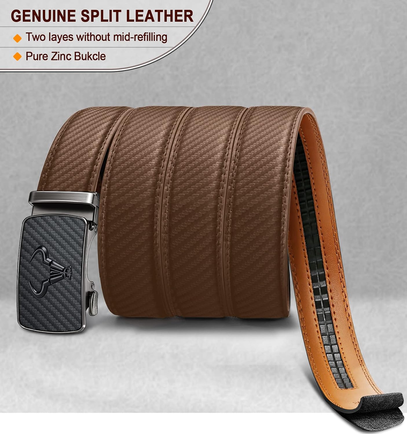 Detalle de BULLIANT Gürtel Herren 2er mit Ratsche-Automatik, Ledergürtel verstellbar 35 mm breit + Geschenkbox