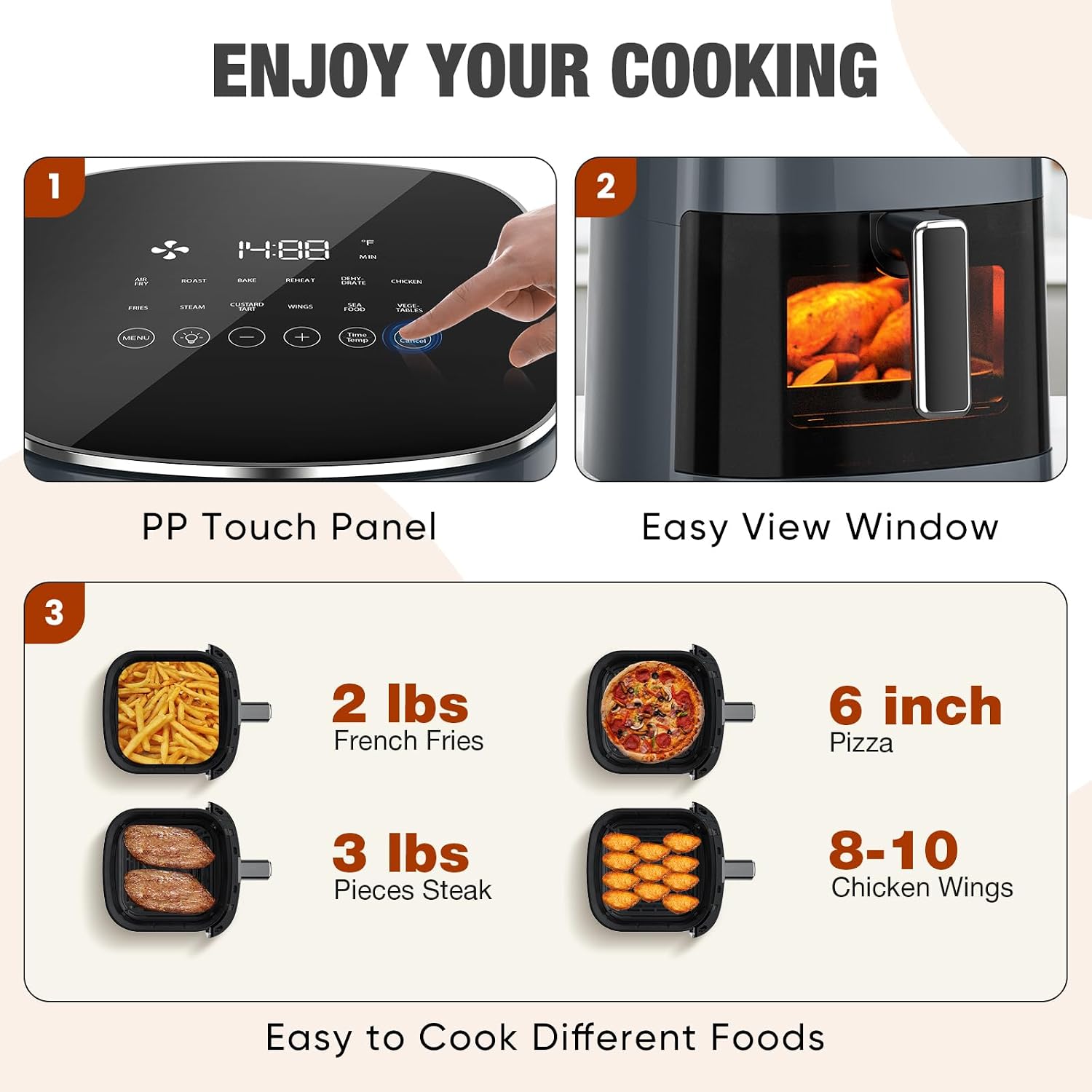 Detalle 2 de Sweetcrispy Air Fryer 6 Quarts with Window: 12-in-1 Square Air Fryer Oven
