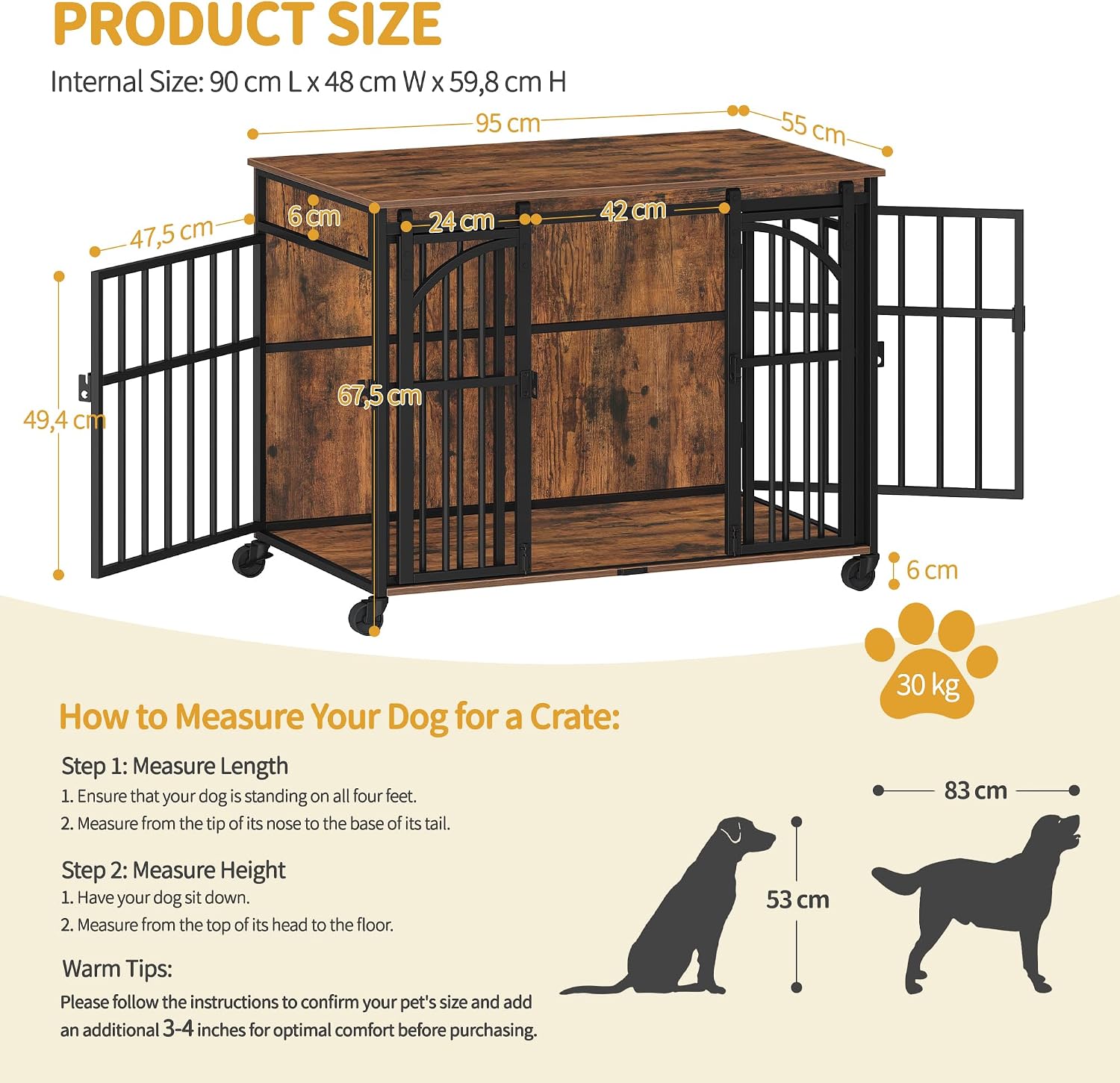 Detalle de Hzuaneri cage pour chien avec roulettes pivotantes 360° et porte coulissante, en bois (marron rustique)