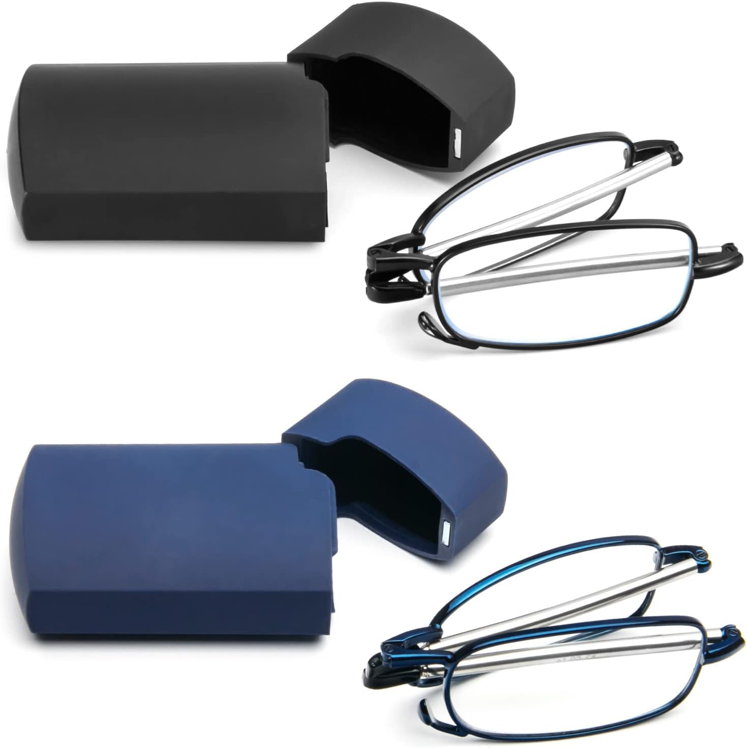 Detalle de KoKoBin Faltbare 2er-Pack Lesebrille aus Edelstahl – kompakt, mit Mini-Hartschalen-Etui und variablen Dioptrien