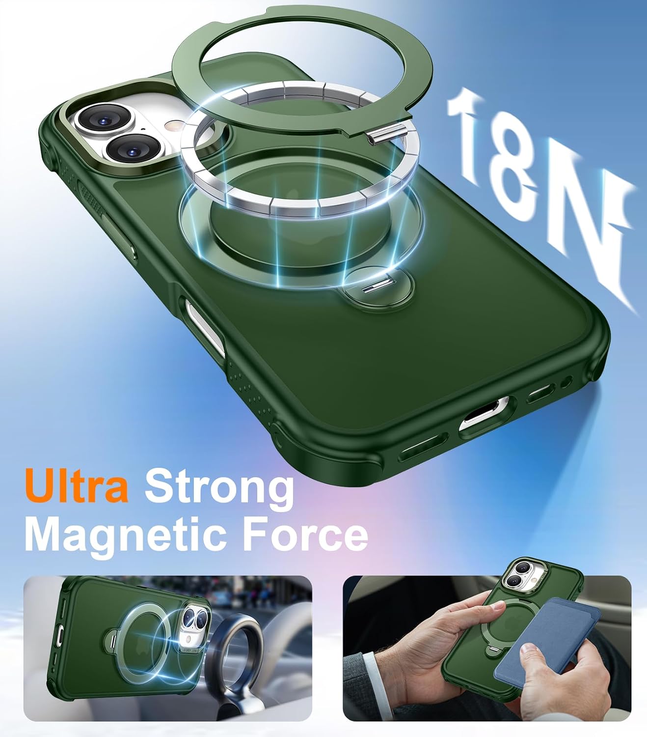 Detalle de Temdan iPhone 16 Case with 360° Rotatable Magnetic Stand — Military-Grade Shockproof, MagSafe Compatible, 6.1