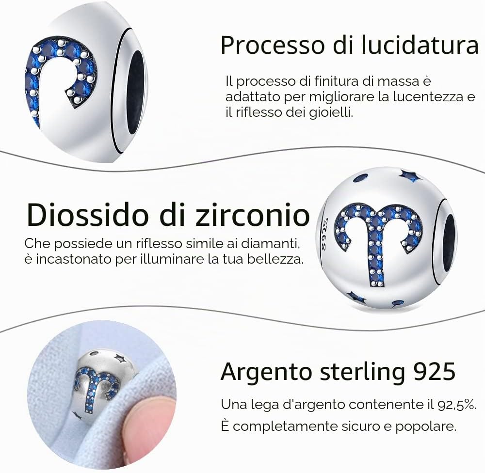 Thumbnail 3 de TINSLO Bead Charm Ciondolo in Argento Sterling 925 con Zirconi Cubic per Pandora e Bracciali Europei