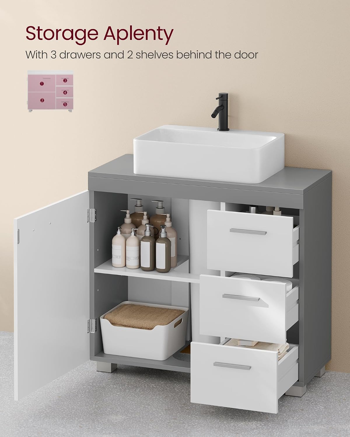 Thumbnail 4 de VASAGLE Under Sink Bathroom Cabinet BBK504W02 — 3 Drawers, 2 Compartments, Cloud White and Dove Grey