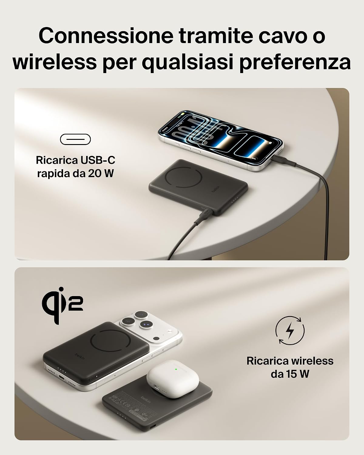Detalle 2 de Belkin BoostCharge Power Bank 5000 mAh Magnetico: ricarica wireless e USB-C, compatibile Qi2