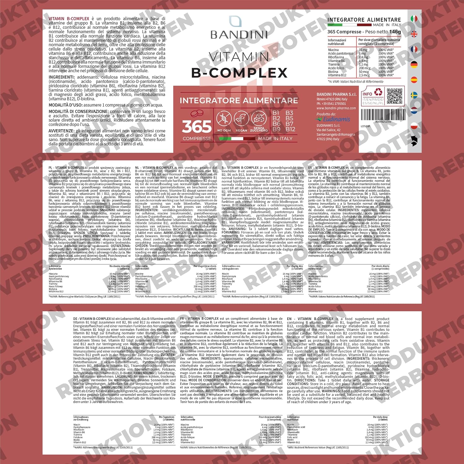 Detalle de Bandini® Vitamin B Komplex hochdosiert – 365 Tabletten (12 Monate), veganer B-Komplex mit 8 B-Vitaminen