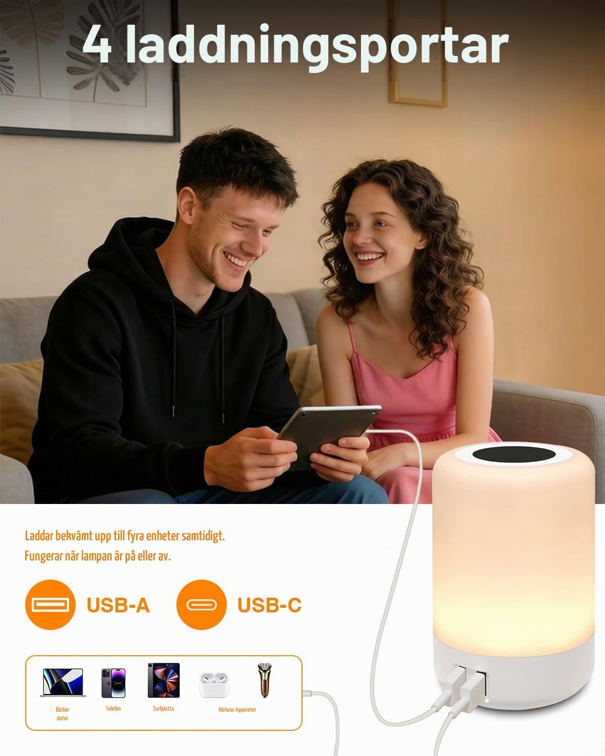 Detalle de salipt S400 sänglampa med touchstyrning, dimbart RGB-ljus och fyra USB-portar