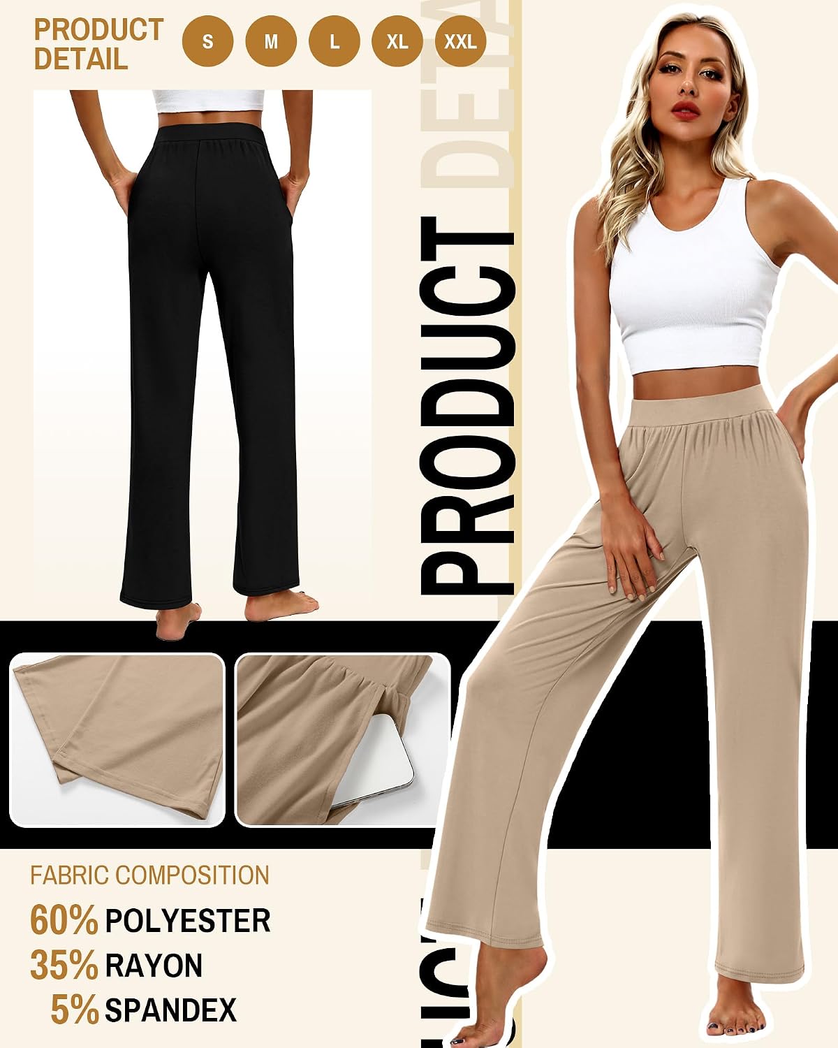 Detalle de Huukeay 3-Pack Women’s Lounge Pants (Wide-Leg Yoga Sweatpants with Pockets)
